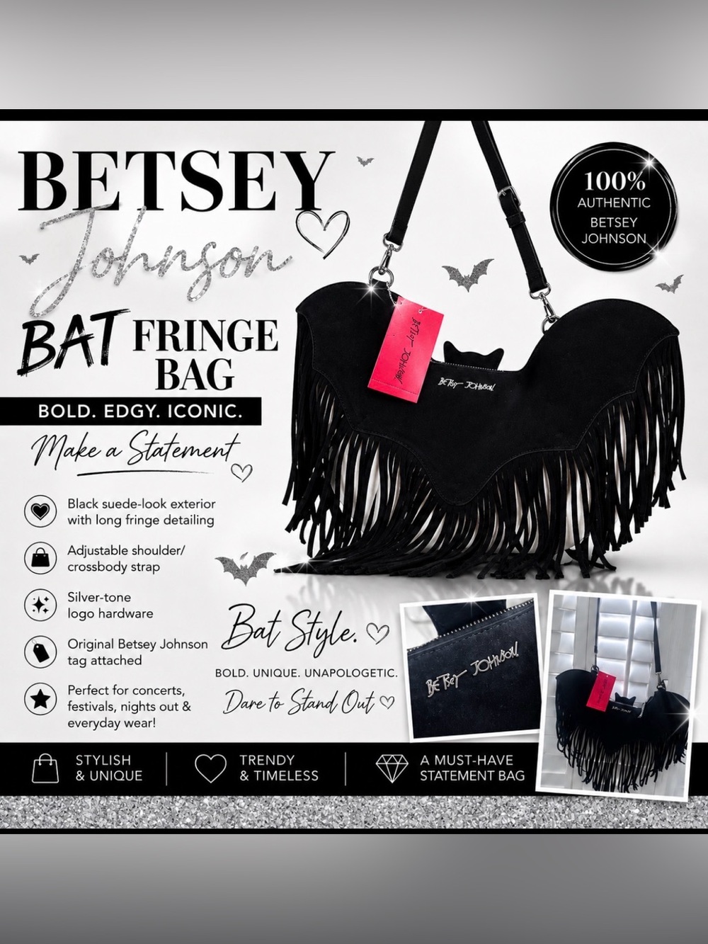 Betsey Johnson Black Suede Fringe Bat Shoulder Bag